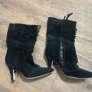 Black Suede Fringe Mid-Calf Heeled Boots